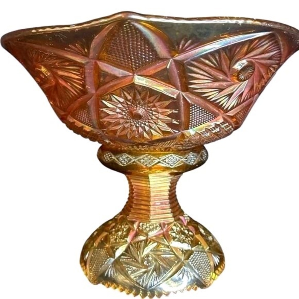 Vintage Carnival Glass Pedestal Compote Bowl Amber Iridescent